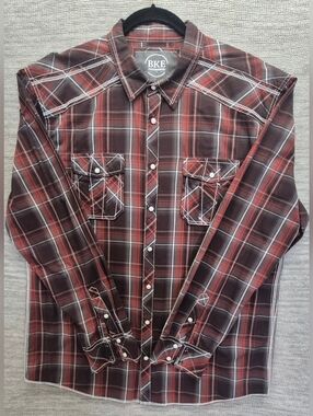 BKE Men’s Red Plaid Western Button-Down Shirt Size XL